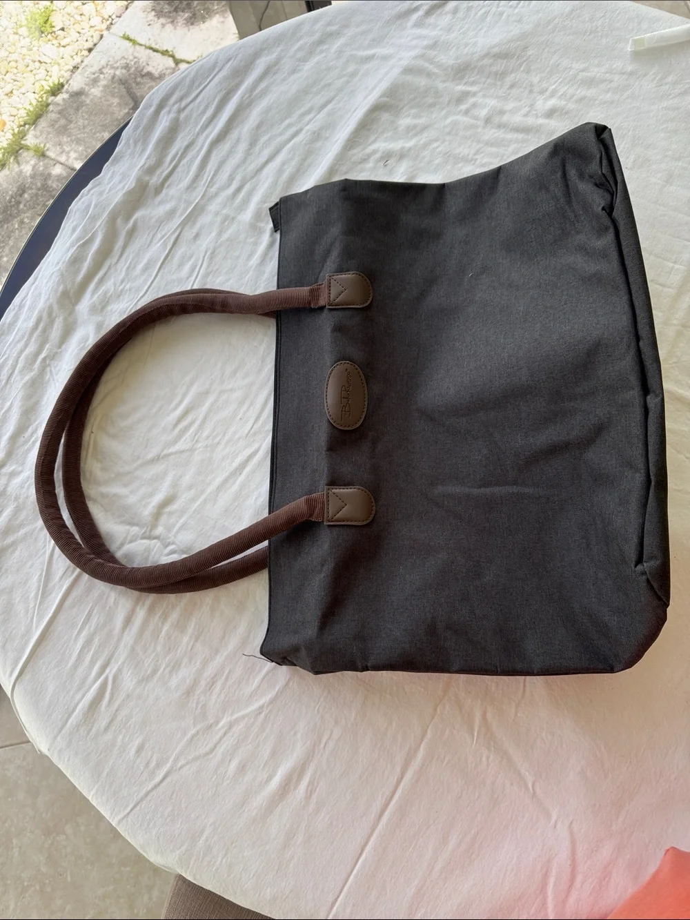 Bella Russo Black Canvas Tote with Brown Handles 15”x13”x5.5”. Handle drop 9”